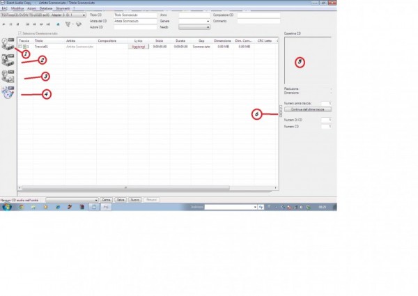 1) cliccando con il puntatore del mouse su questa icona si rippano i cd in PCM lineare senza alcuna compressione<br />2)seleziona la possibilita' di generare un file FLAC con compressione senza perdita dei dati dopo il rippaggio in PCM traccia per traccia<br />3)consente di creare un file immagine<br />4)consente di masterizzare su un cd vergine<br />5)zona in cui viene scaricata la copertina (utile se si archivia su un lettore multimediale o sorgente con video per visualizzarla sullo schermo assieme ai dati del cd<br />6)zona che gestisce l'archiaviazione dei cd doppi o dei cofanetti.
