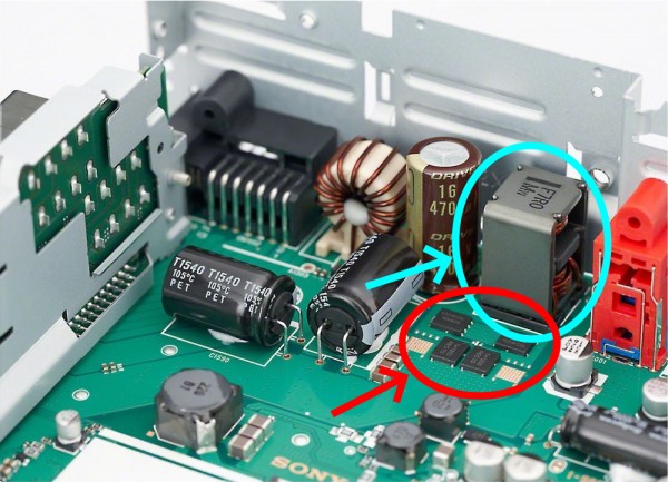 Ecco, infatti svelata la presenze di un convertitore DC-DC (ovvero un survoltatore) di cui sono chiaramente visibili il trasformatore (che ho cerchiato in azzurro) e i mosfet (cerchiati in rosso) che pilotano in push-pull l'avvolgimento primario. Le dimensioni molto ridotte fanno presumere che sia pilotato ad alta frequenza e che sia molto efficiente.