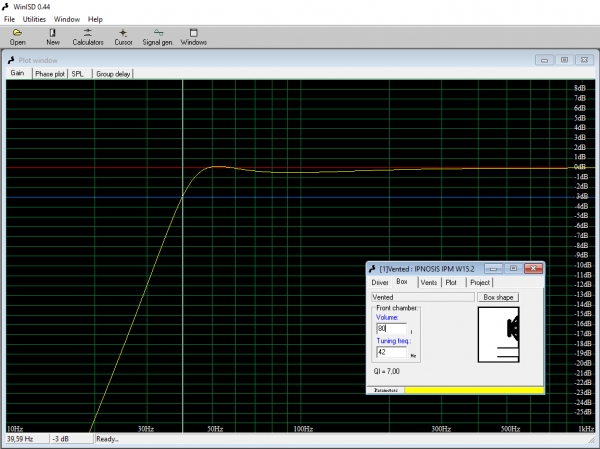 Box reflex 80lt con accordo a 42hz e f-3db a 39hz